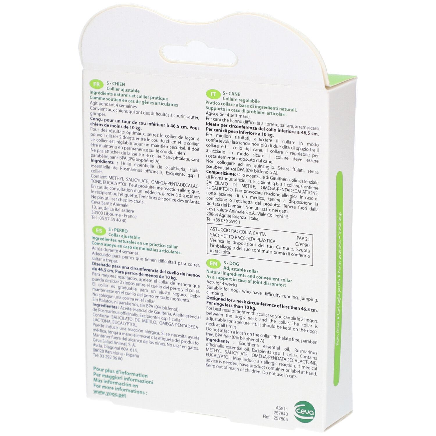 Achterkant van de Ceva® YOOS halsband verpakking. Informatie over ingrediënten en gebruik in meerdere talen.