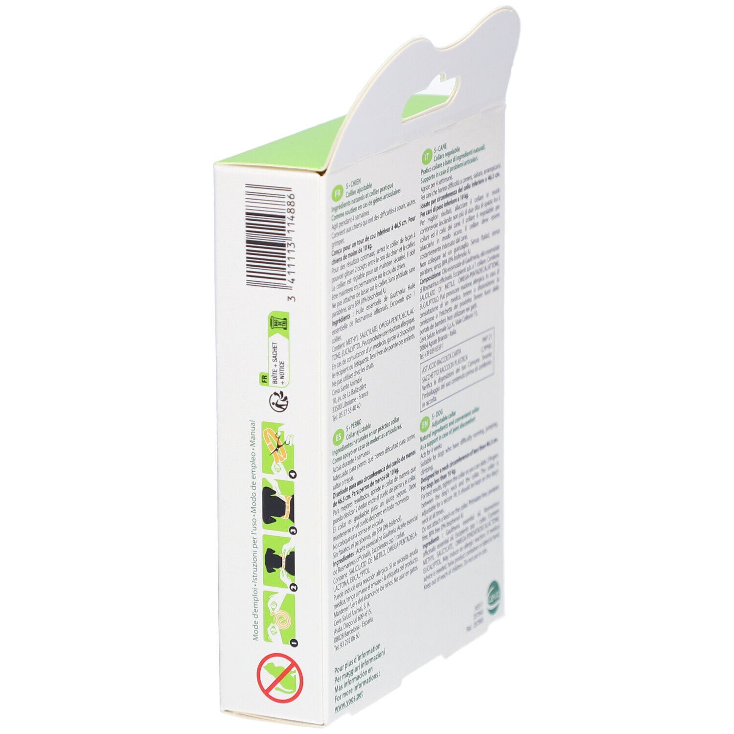 Zijkant van de Ceva® YOOS halsband verpakking. Informatie over ingrediënten en gebruik in meerdere talen.