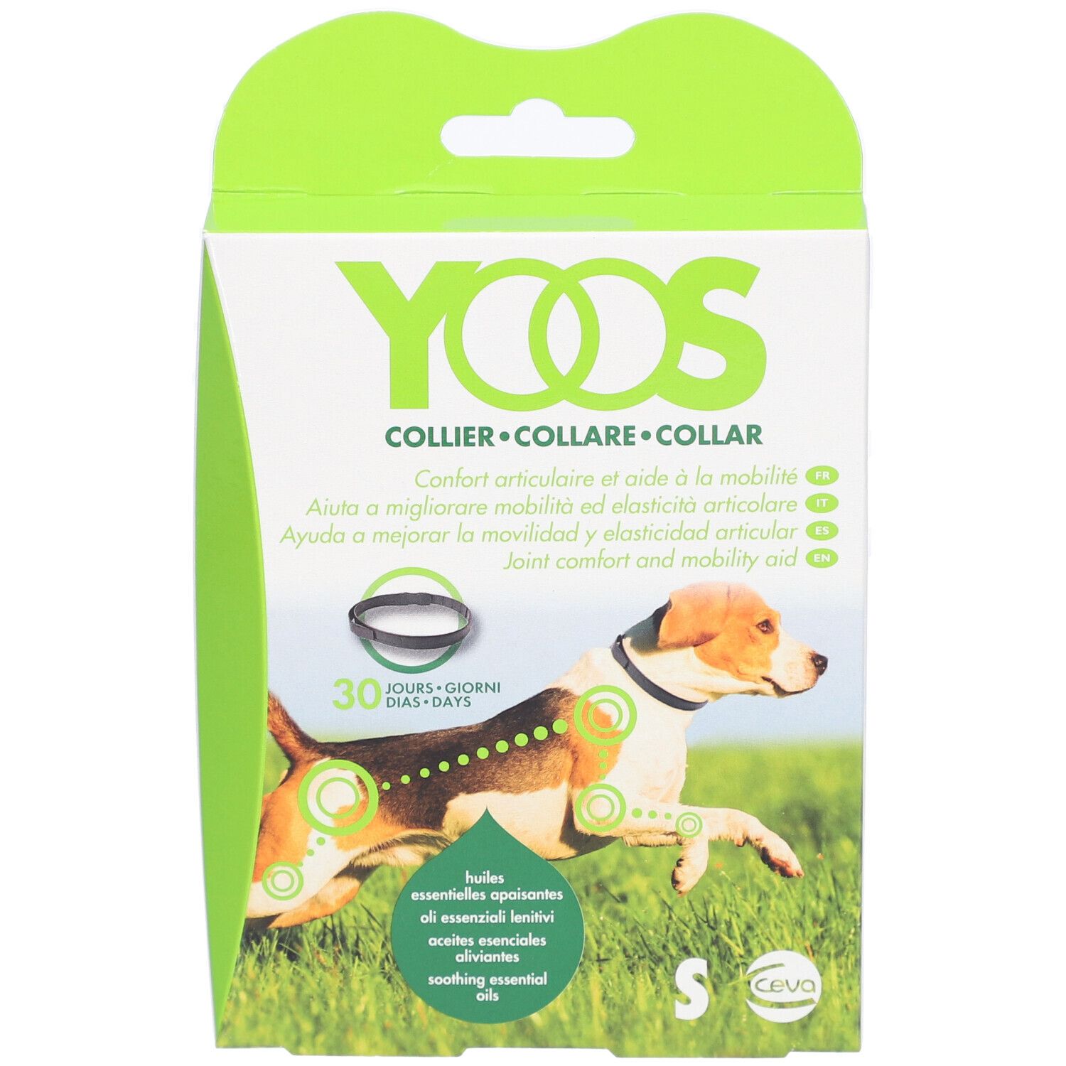 Verpakking van Ceva® YOOS halsband maat S. Afbeelding van hond met halsband. Bevat essentiële oliën.