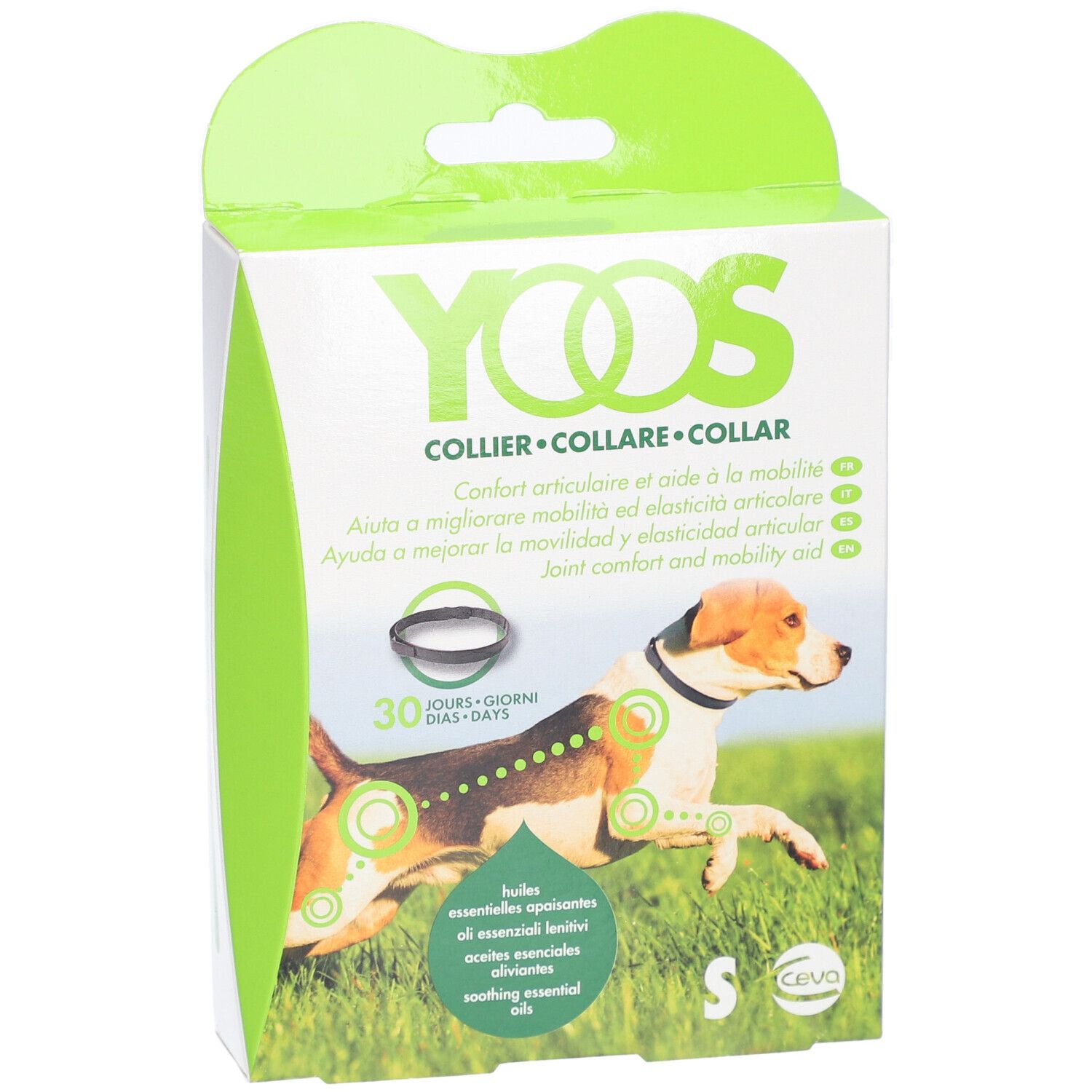 Verpakking van Ceva® YOOS halsband maat S. Afbeelding van hond met halsband. Bevat essentiële oliën.