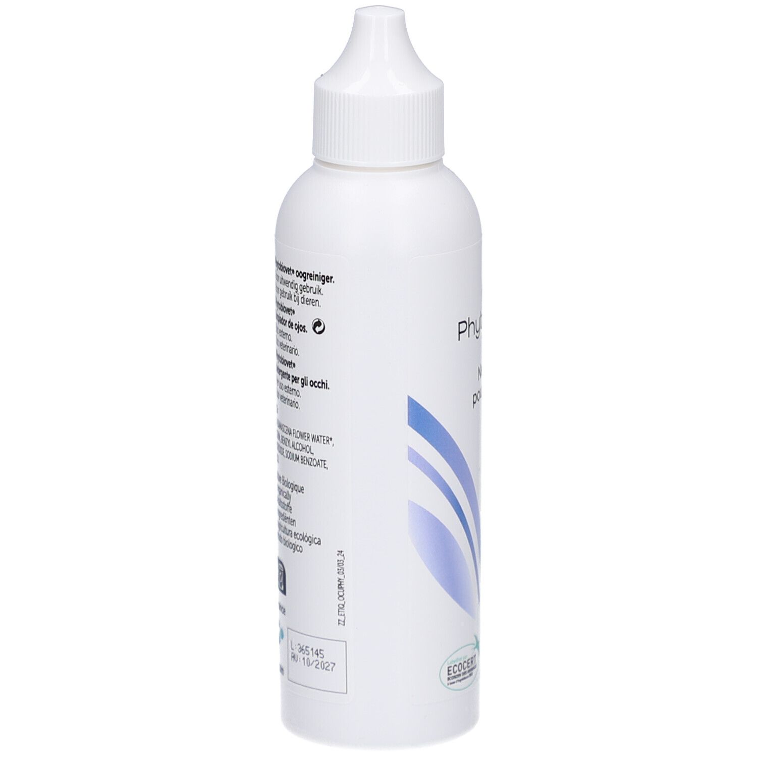 Flacon blanc, vue latérale. Inscription: PhytoBiovet. Texte multilingue. Logo ECOCERT. Date de production.