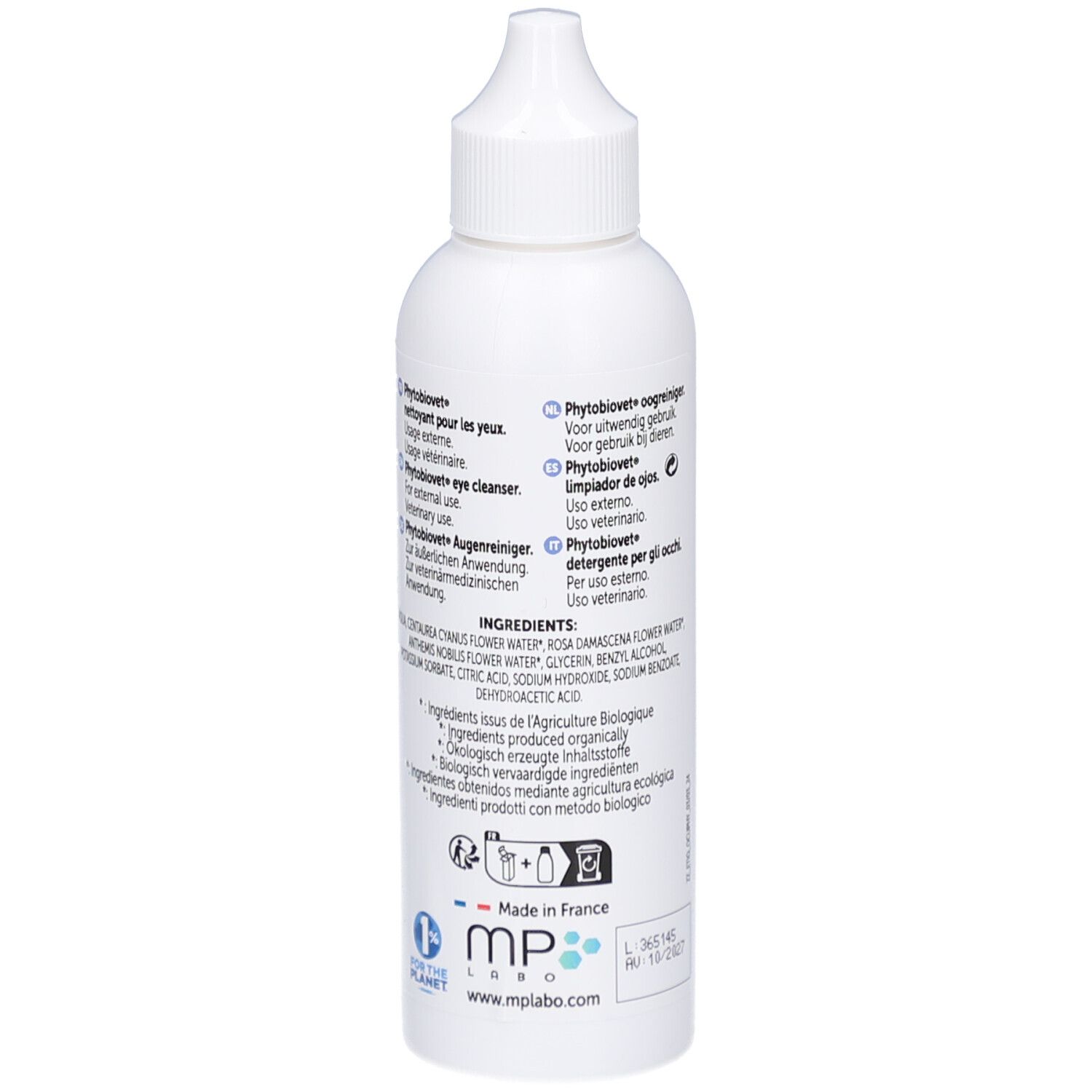 Dos du flacon blanc. Inscription: PhytoBiovet, ingrédients, instructions en plusieurs langues. Certification Bio.
