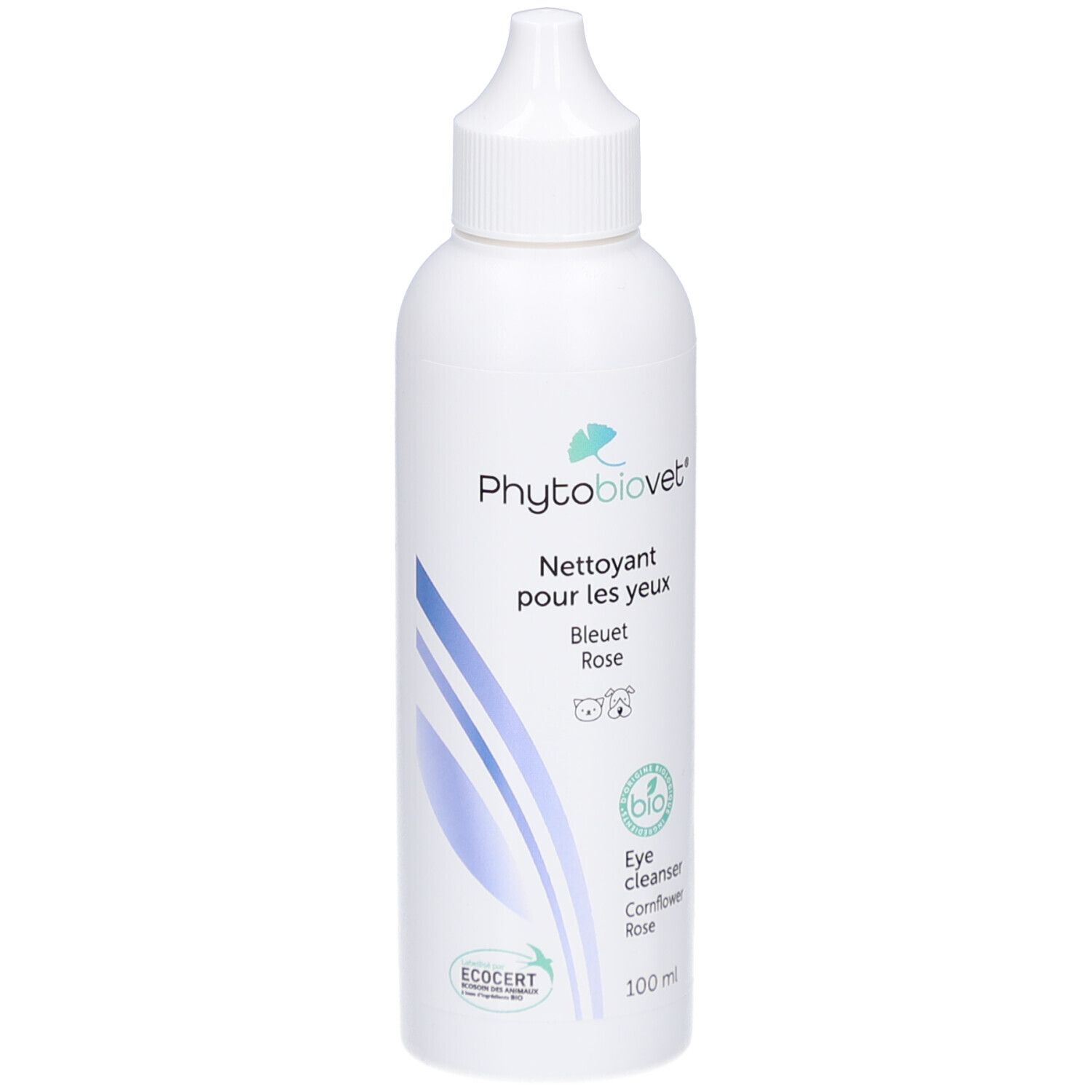 Flacon blanc avec bouchon verseur. Inscription: PhytoBiovet, Nettoyant pour les yeux, Eye cleanser. Certification Bio. Logo ECOCERT.