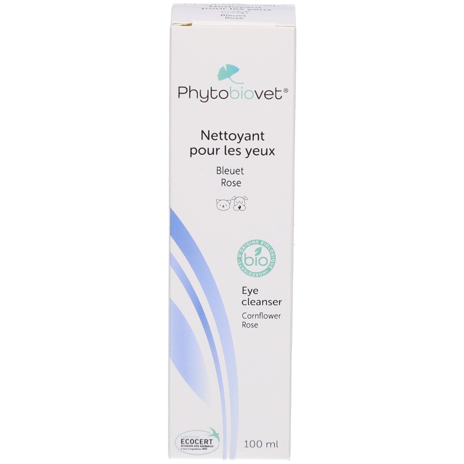 Emballage du produit. Inscription: PhytoBiovet, Nettoyant pour les yeux, Eye cleanser. Certification Bio. 100 ml.