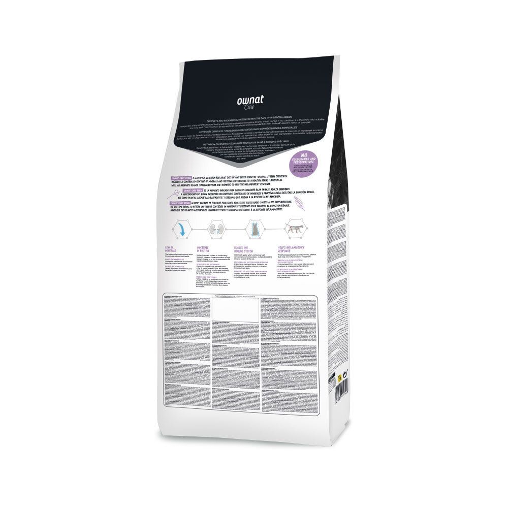 Dos du sac de nourriture pour chats Ownat Care Renal. Texte et illustrations. Contient des informations sur le produit.