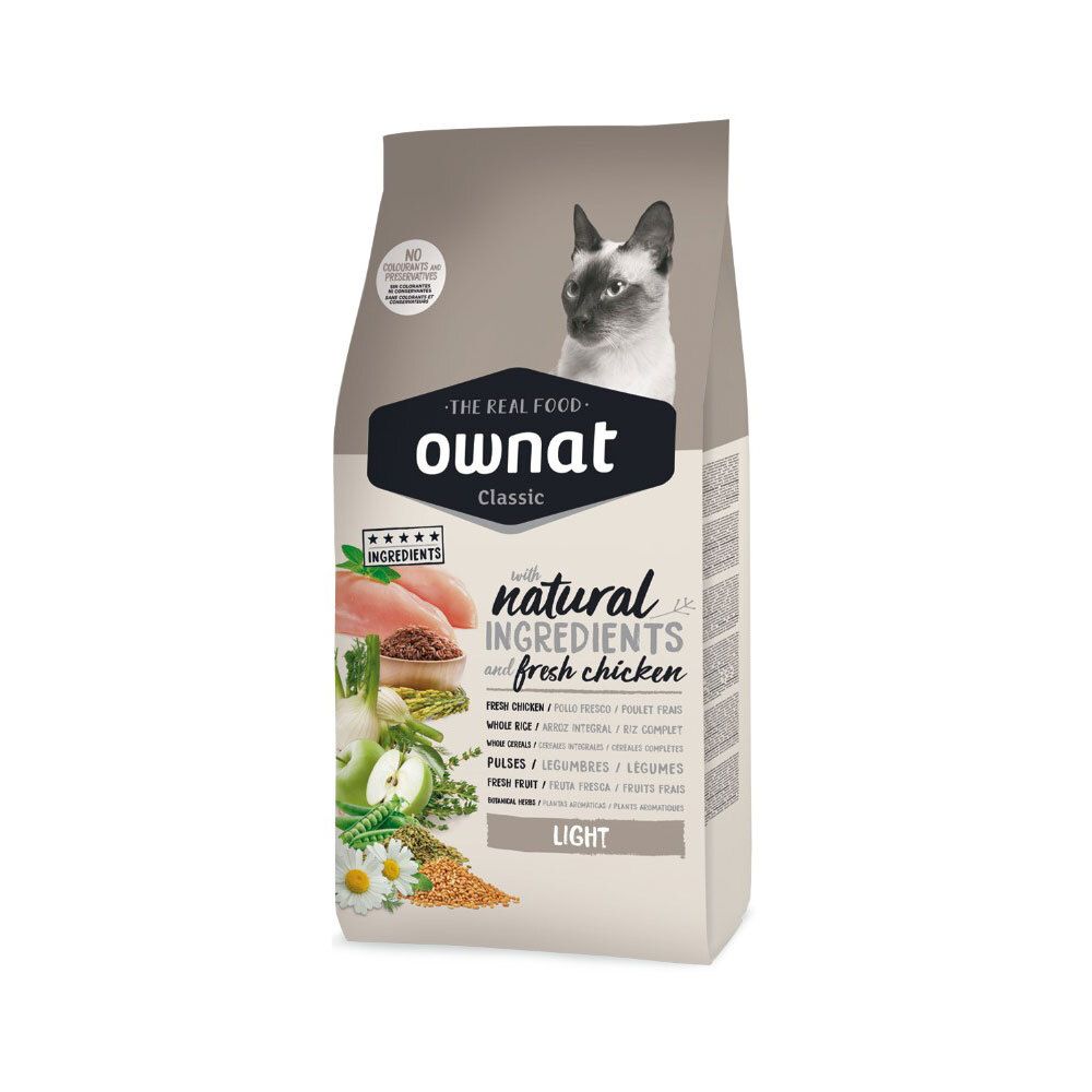 Sac Ownat Classic Light (CAT). Face avant avec image du produit, chat, logo, texte : ingrédients naturels, poulet frais.