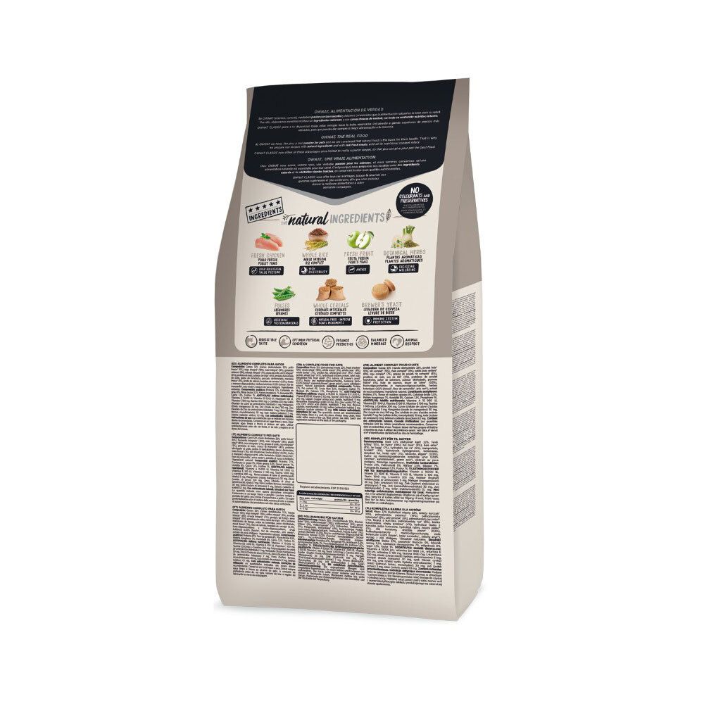 Dos du sac Ownat Classic Light (CAT). Texte et illustrations des ingrédients et des informations nutritionnelles.