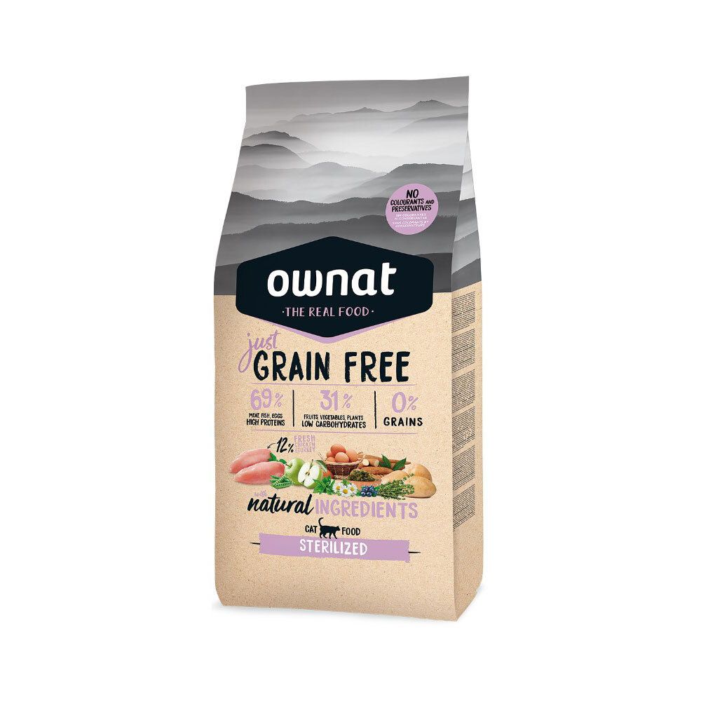 Zak kattenvoer. Opschrift: Ownat, Grain Free, 69% dierlijke eiwitten, 31% groenten, 0% granen. Natuurlijke ingrediënten. Gesteriliseerd.