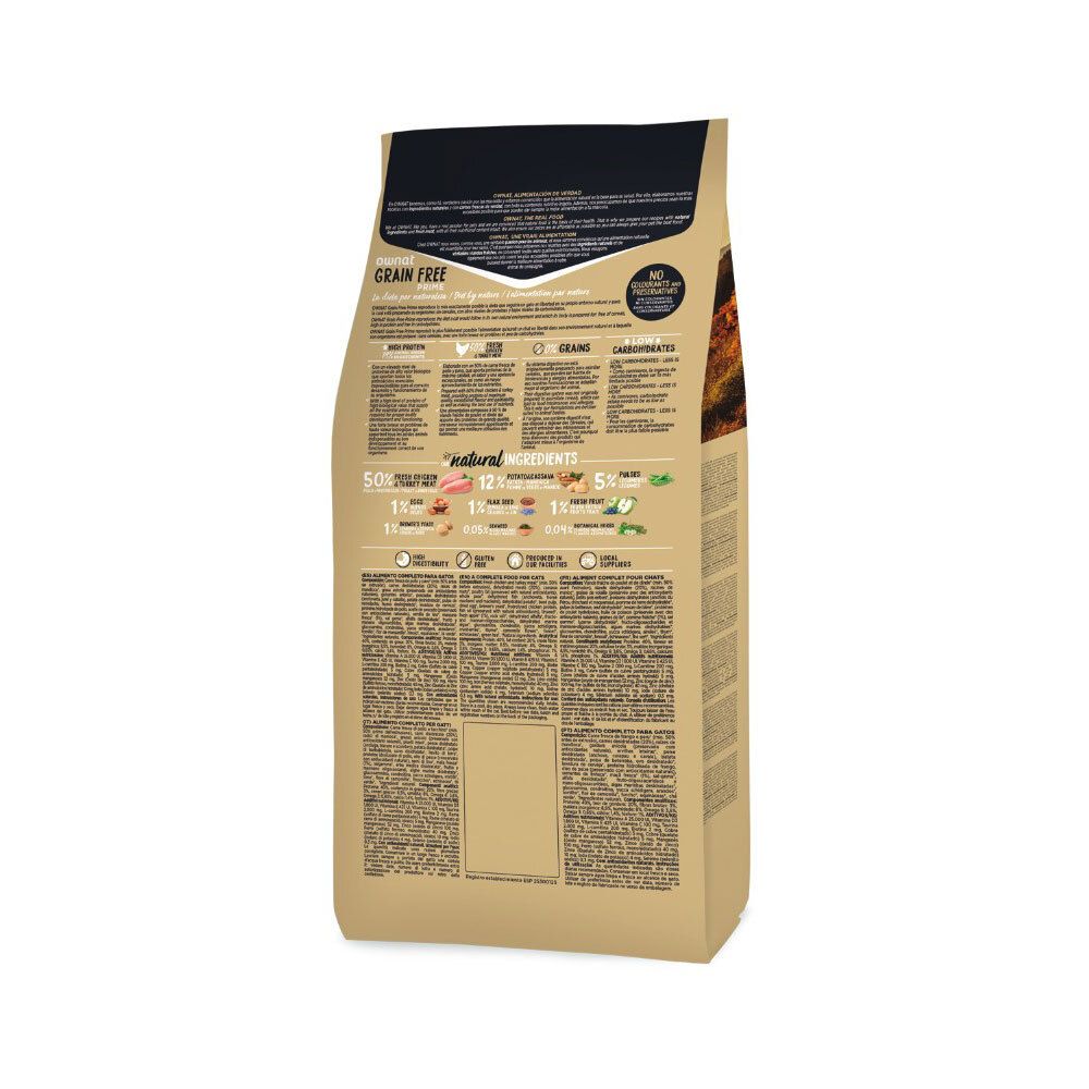 Achterkant van de verpakking met productinformatie. Tekst: "Grain Free". Lijst van ingrediënten en voedingswaarde. Beige achtergrond.