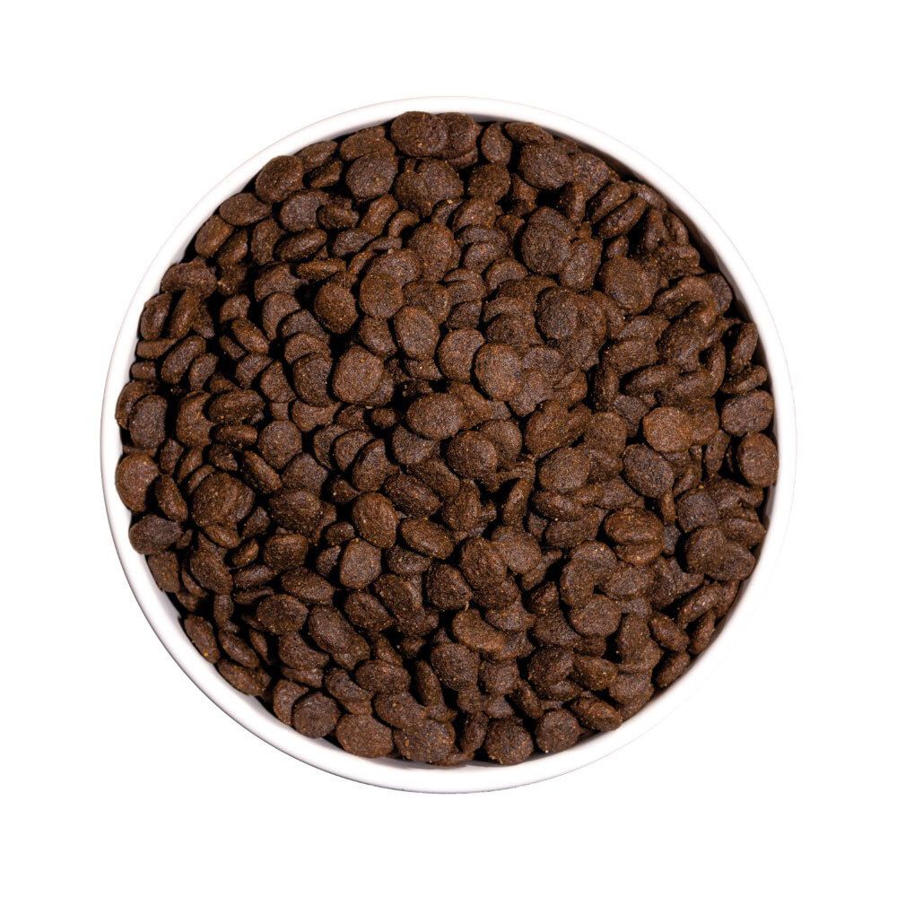 Ronde, witte kom gevuld met bruine, onregelmatig gevormde brokjes. Bovenaanzicht.