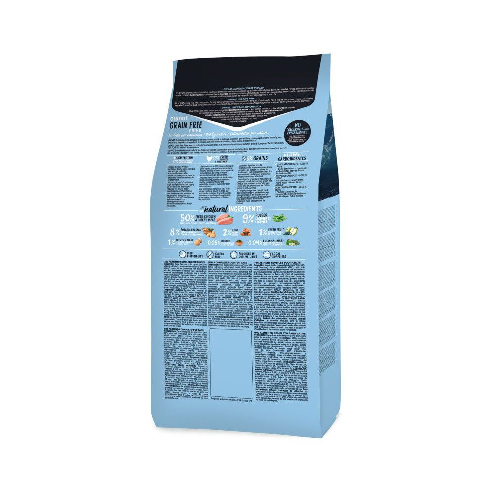 Dos de l'emballage bleu clair. Contient des informations sur les ingrédients, la valeur nutritionnelle et le fabricant. Texte en plusieurs langues.