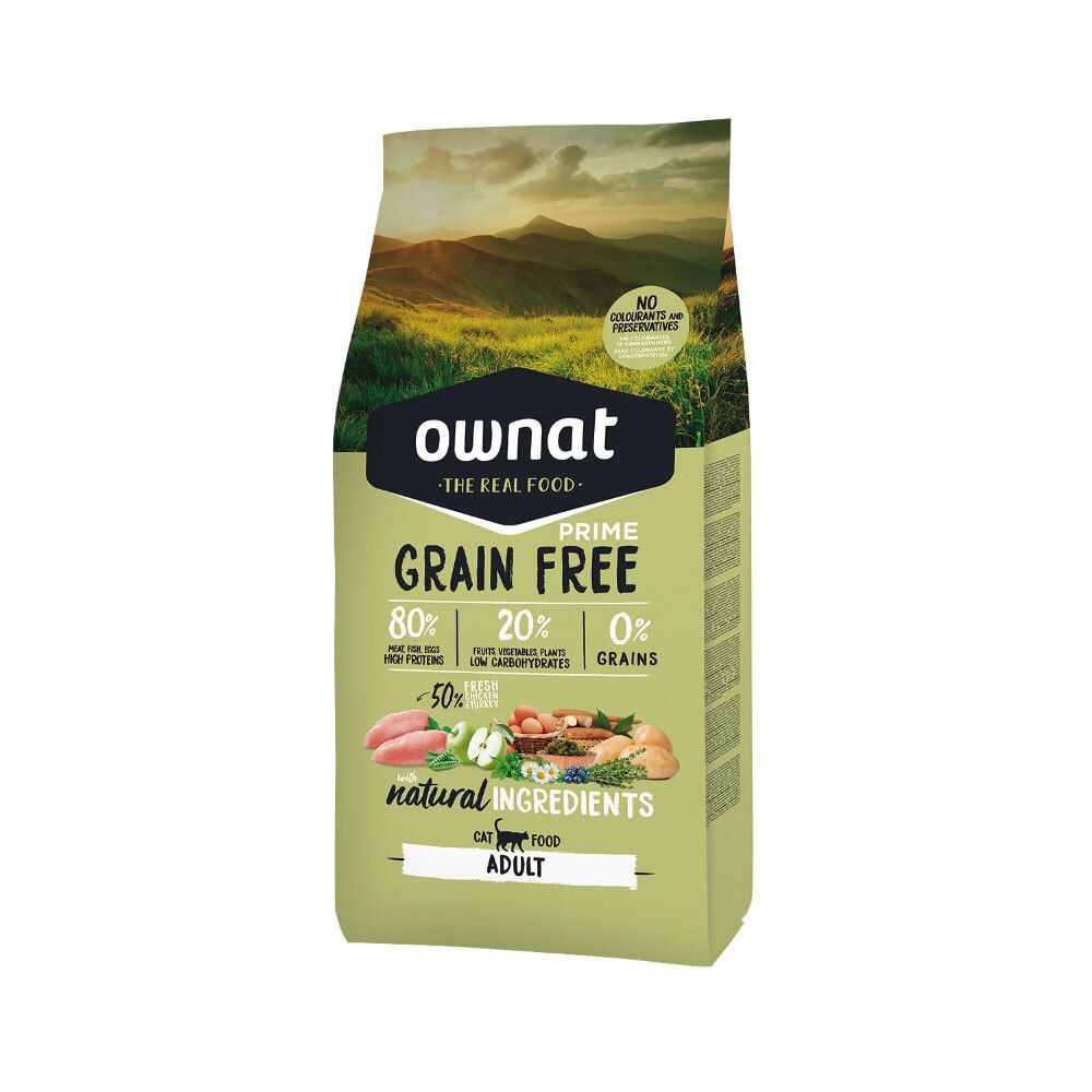 Zak Ownat Prime Grain Free, groene verpakking. Bevat 80% vlees, 20% groenten, 0% granen. Opschrift: Adult Cat Food.