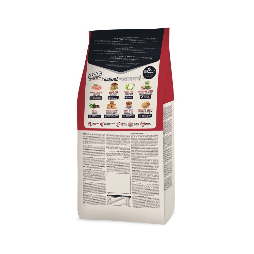 Achterkant van de Ownat Classic Complet hondenvoerzak. Tekstinformatie en ingrediëntenillustraties. Bevat voedingsinformatie.