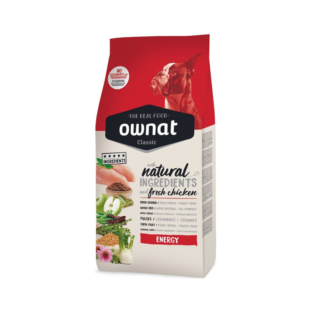 Zak Ownat Classic Energy voor honden. Rode en witte zak met productafbeelding en tekst: Natural Ingredients and Fresh Chicken.