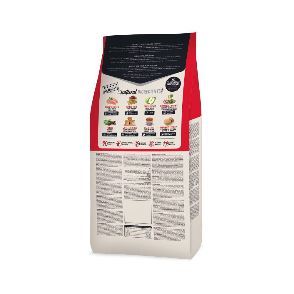 Achterkant van de Ownat Classic Energy hondenvoerzak. Tekst en illustraties van ingrediënten en voedingsinformatie.