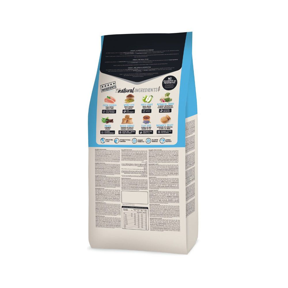 Dos du sac de nourriture pour chiens. Texte et illustrations des ingrédients et des informations nutritionnelles.