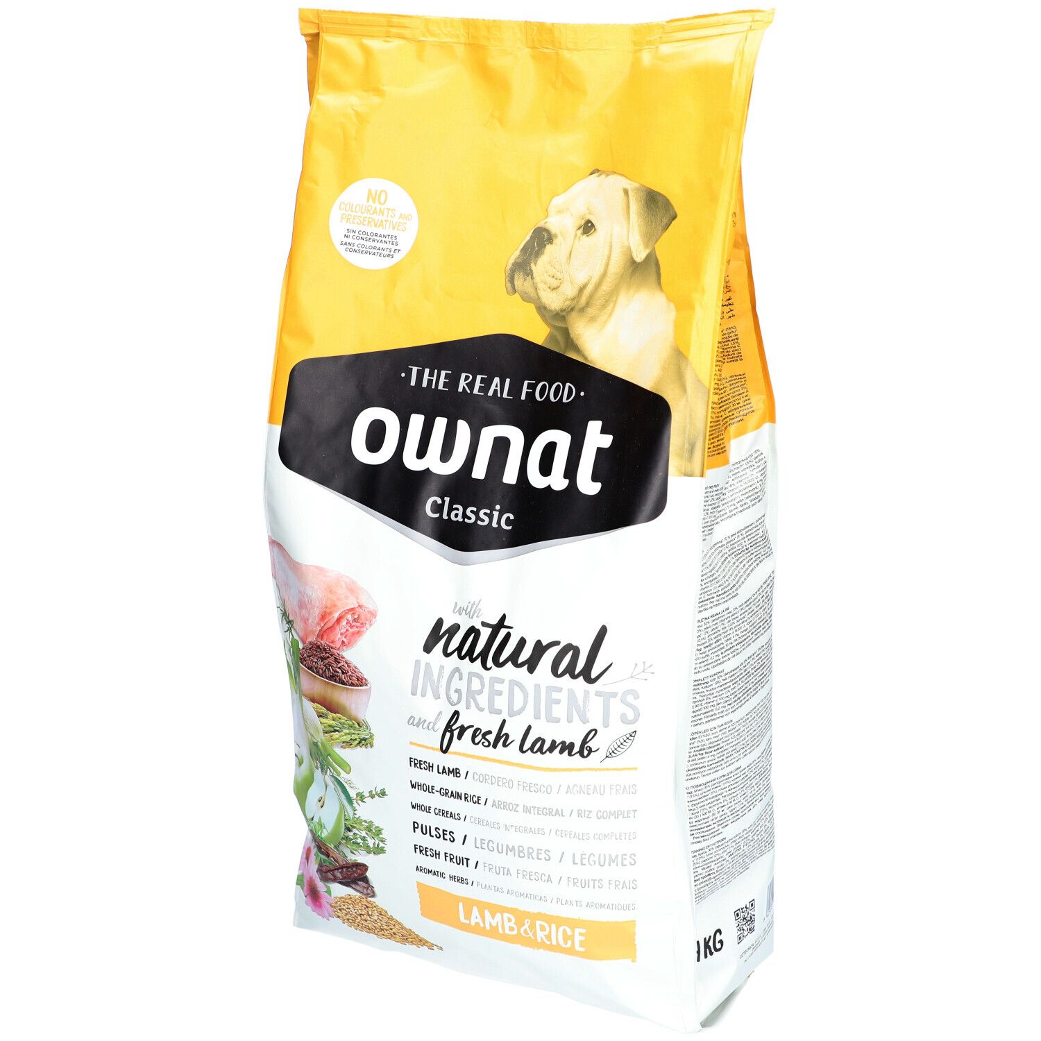 Hondenvoerzak met logo en productnaam. Bevat lam en rijst. Geel-witte verpakking met afbeelding van een hond.