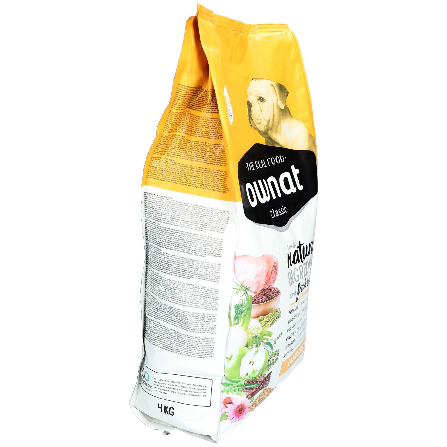 Hondenvoerzak, zijaanzicht. Geel-witte verpakking met logo en productinformatie. Bevat lam en rijst.