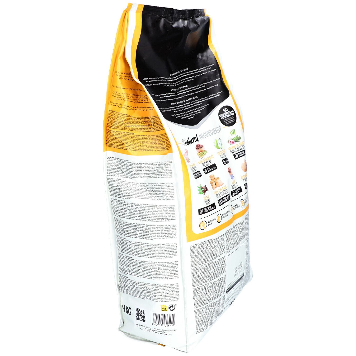 Hondenvoerzak, zijaanzicht. Geel-witte verpakking met productinformatie. Bevat lam en rijst. 4 kg.