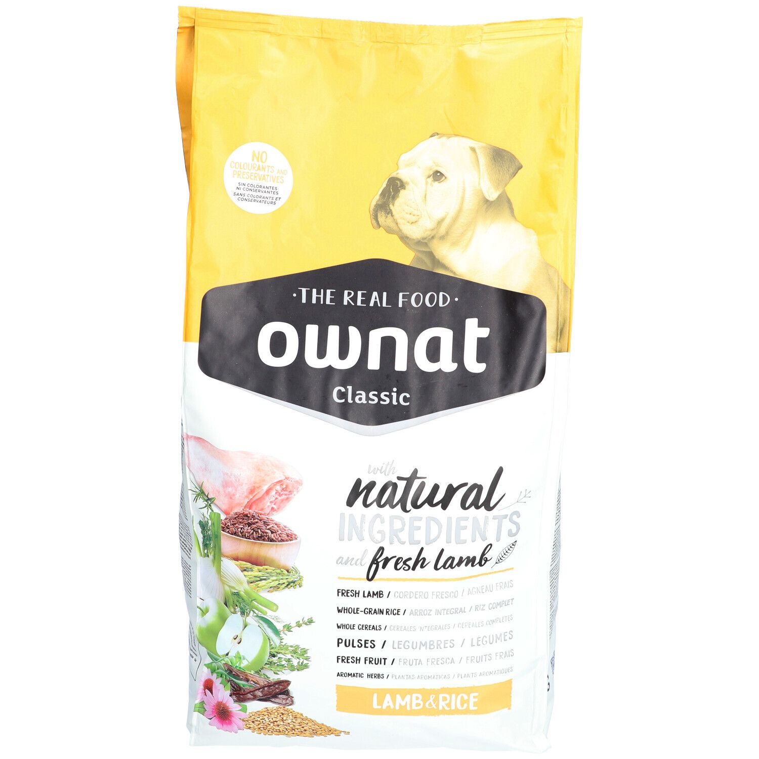 Hondenvoerzak met logo en productnaam. Bevat lam en rijst. Geel-witte verpakking met afbeelding van een hond.