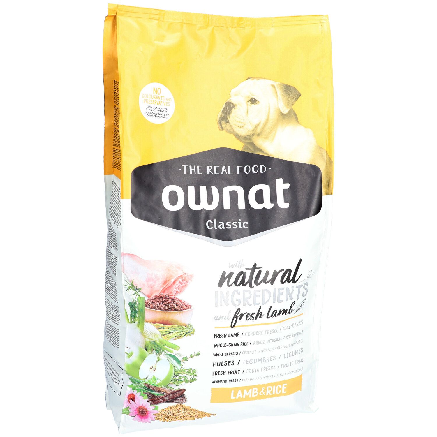 Hondenvoerzak met logo en productnaam. Bevat lam en rijst. Geel-witte verpakking met afbeelding van een hond.