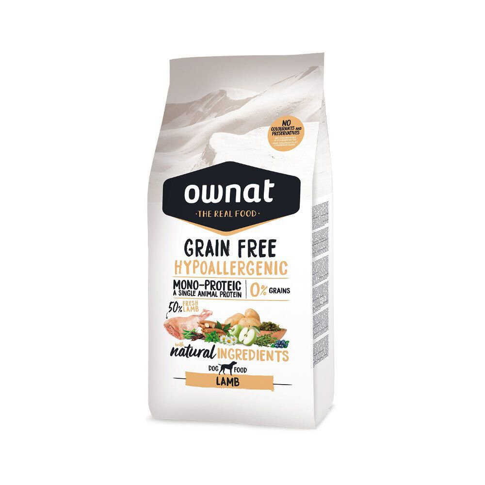Hondenvoerzak Ownat. Opschrift: Grain Free Hypoallergenic, Mono-Proteic, 0% granen, Lam.