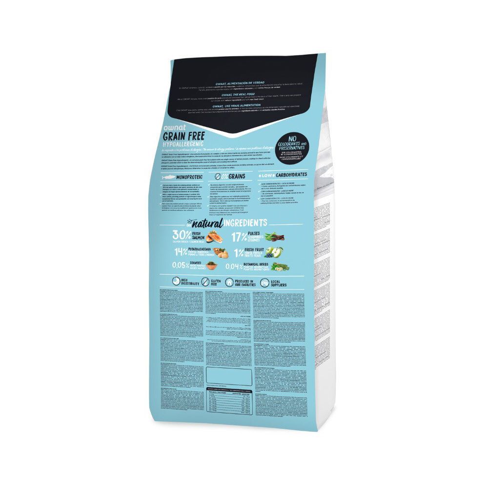 Dos du sac de nourriture pour chiens Ownat. Contient des informations sur les ingrédients, la valeur nutritionnelle et les certifications.
