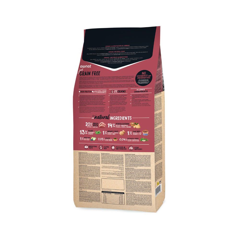 Achterkant van de Ownat GF Just Duck hondenvoerzak. Bevat informatie over ingrediënten en voedingswaarde.
