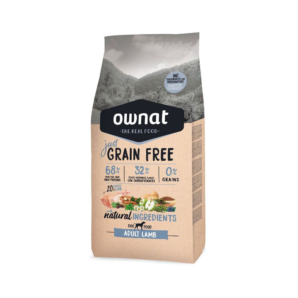 Ownat hondenvoerzak, 'just Grain Free', Adult Lamb. Bevat 68% vlees, 32% groenten, 0% granen. Natuurlijke ingrediënten.