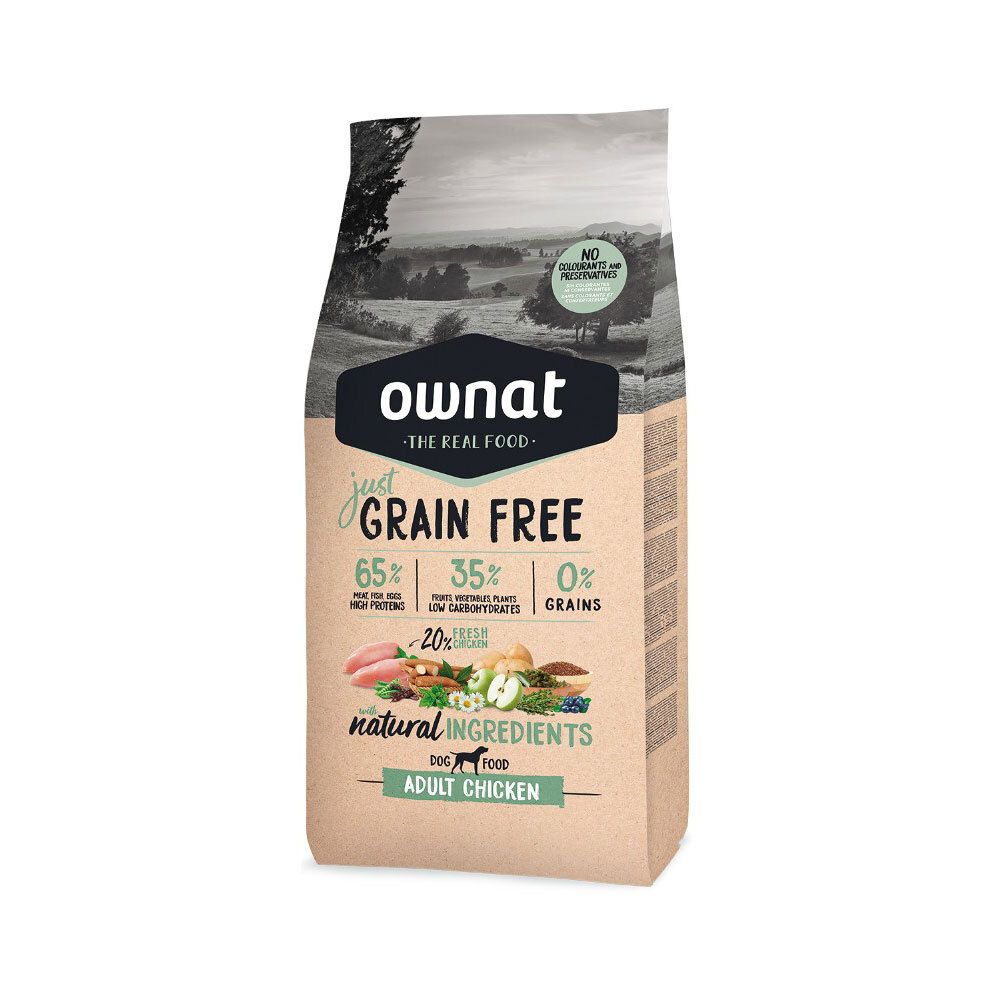 Hondenvoerzak "Ownat Grain Free Adult Chicken". Bevat 65% dierlijke eiwitten, 35% groenten en 0% granen.