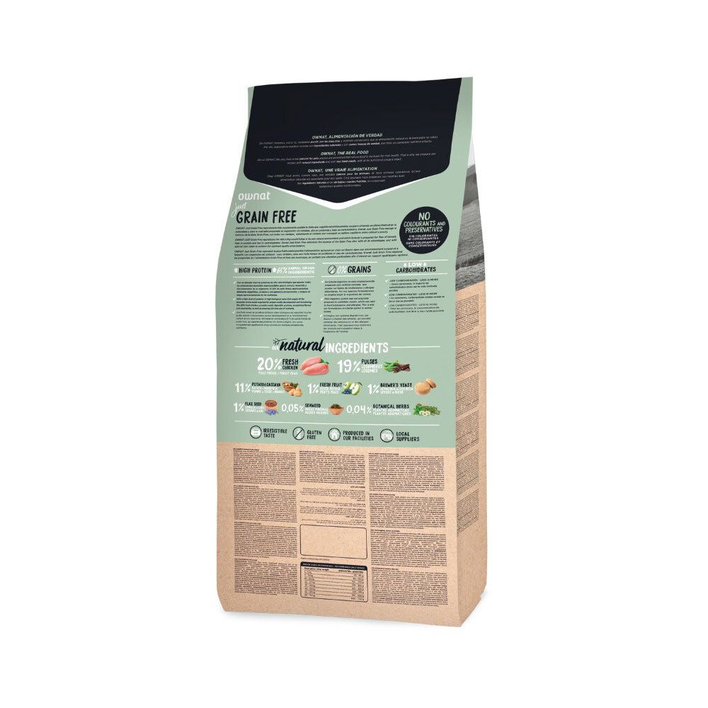 Achterkant van de hondenvoerzak "Ownat Grain Free". Bevat informatie over ingrediënten, voedingswaarde en certificeringen.