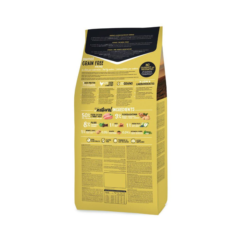 Achterkant van de Ownat Prime Junior Chicken & Turkey hondenvoer verpakking. Bevat informatie over ingrediënten en voedingswaarden.