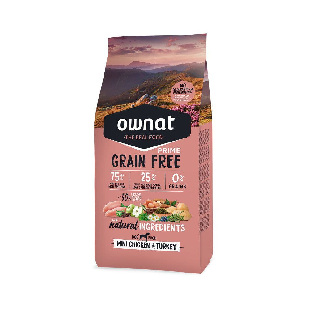 Roze verpakking met productinformatie. "ownat" is zichtbaar. "Grain Free" en "Mini Chicken & Turkey" zijn ook aanwezig.