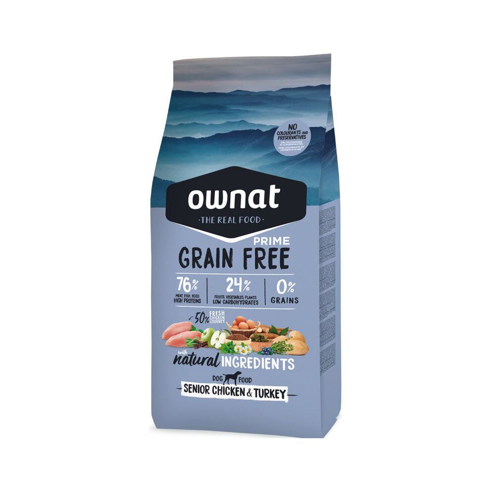 Hondenvoerzak Ownat Prime Grain Free. Bevat 76% eiwit, 24% koolhydraten, 0% granen. Senior Chicken & Turkey.