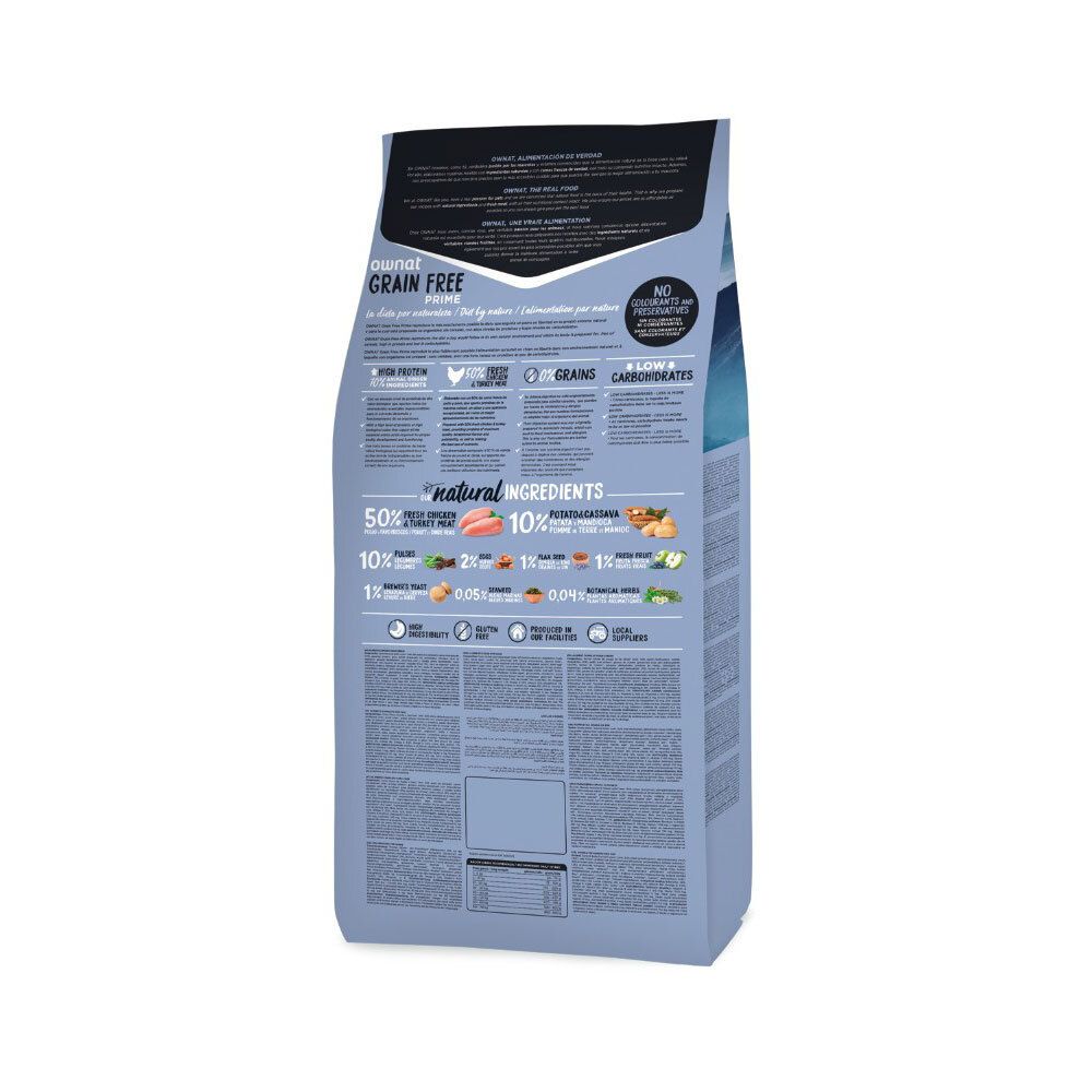 Achterkant van de hondenvoerzak Ownat Prime Grain Free. Bevat informatie over ingrediënten en voedingswaarde. Zonder kleur- en conserveermiddelen.