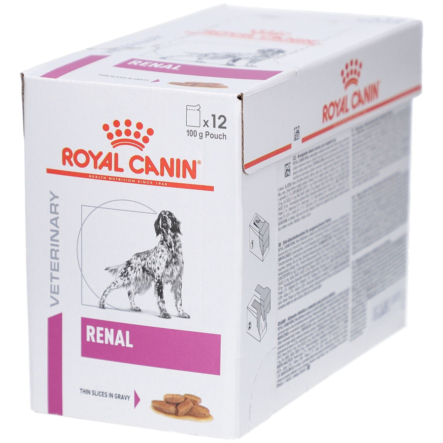 Boîte ROYAL CANIN avec image et texte. Contient 12 sachets de 100g. Inscription: RENAL.