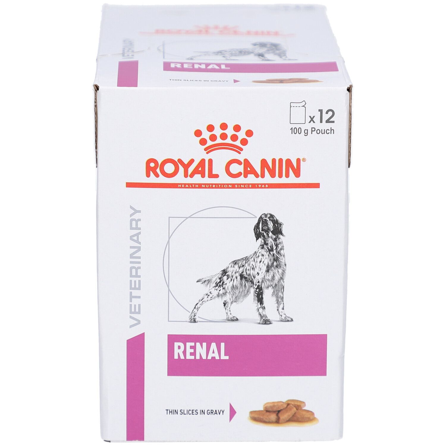 Boîte ROYAL CANIN avec image et texte. Contient 12 sachets de 100g. Inscription: RENAL.
