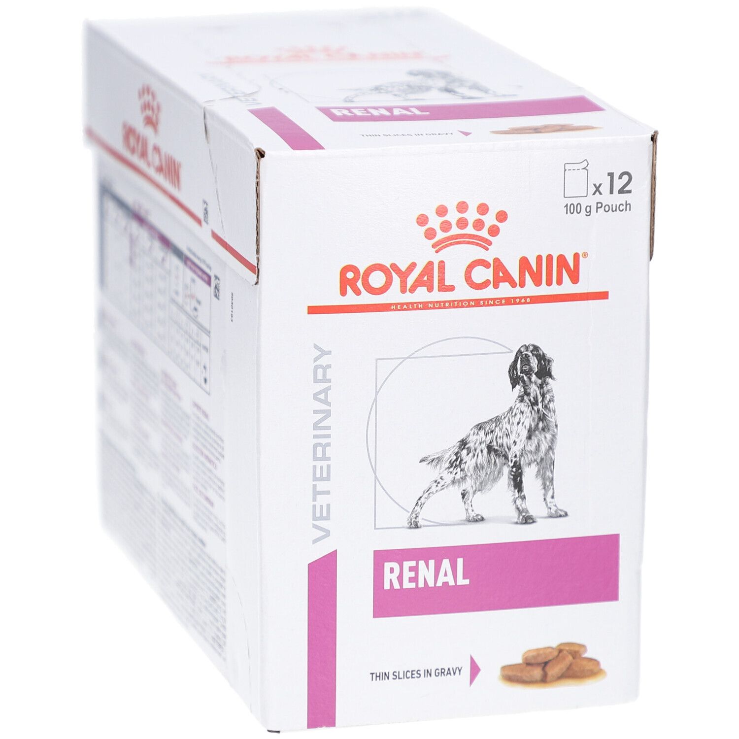 Boîte ROYAL CANIN avec image et texte. Contient 12 sachets de 100g. Inscription: RENAL.