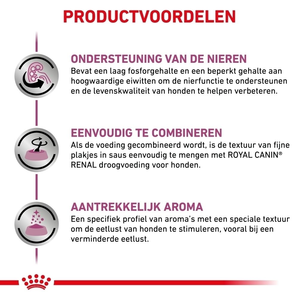 Royal Canin Veterinary Diet Renal: Weergave van natvoer zakje en droogvoer verpakking.