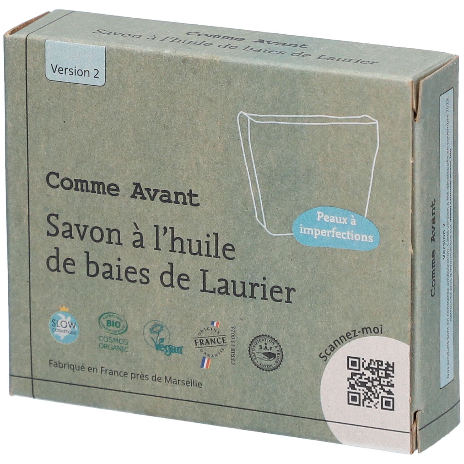 Kartonnen doos met tekst: Savon à l'huile de baies de Laurier. Logo's en vermeldingen. Versie 2.