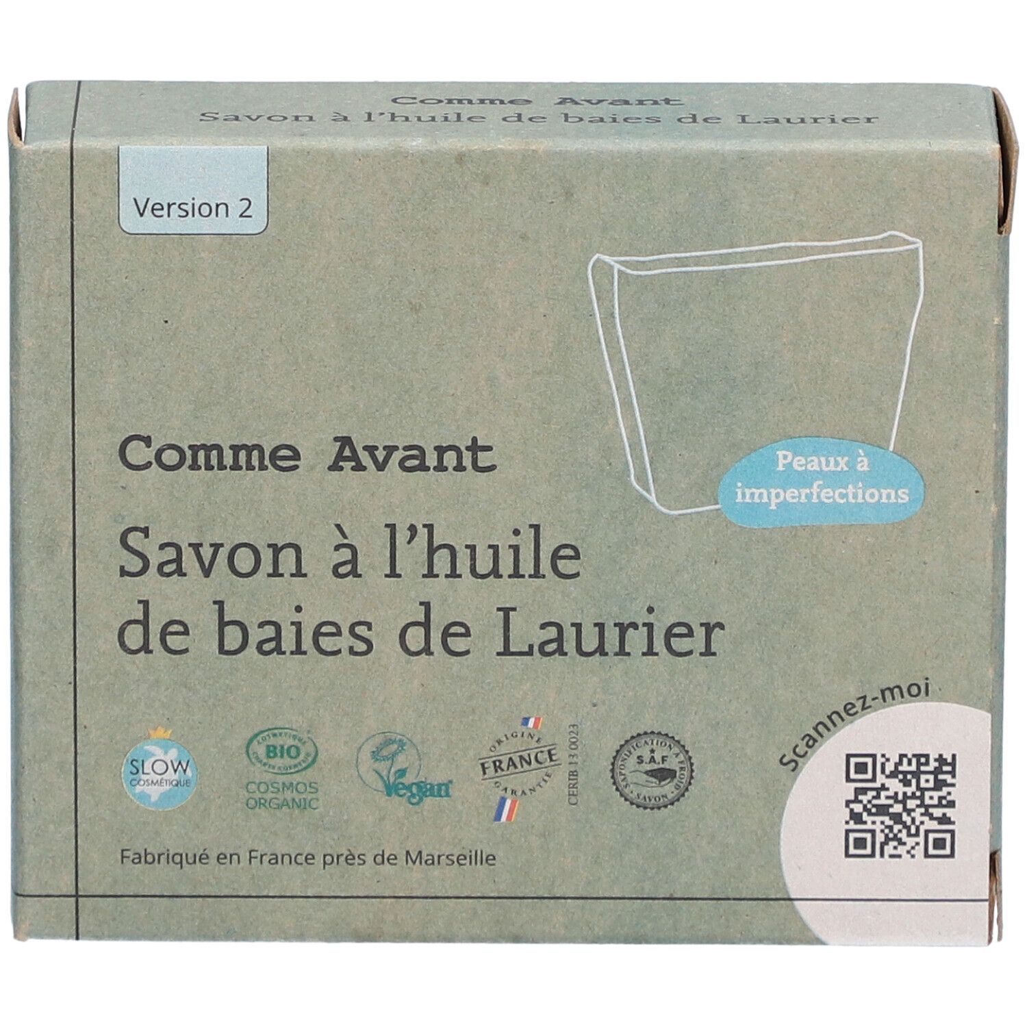 Kartonnen doos met tekst: Savon à l'huile de baies de Laurier. Logo's en vermeldingen. Versie 2.