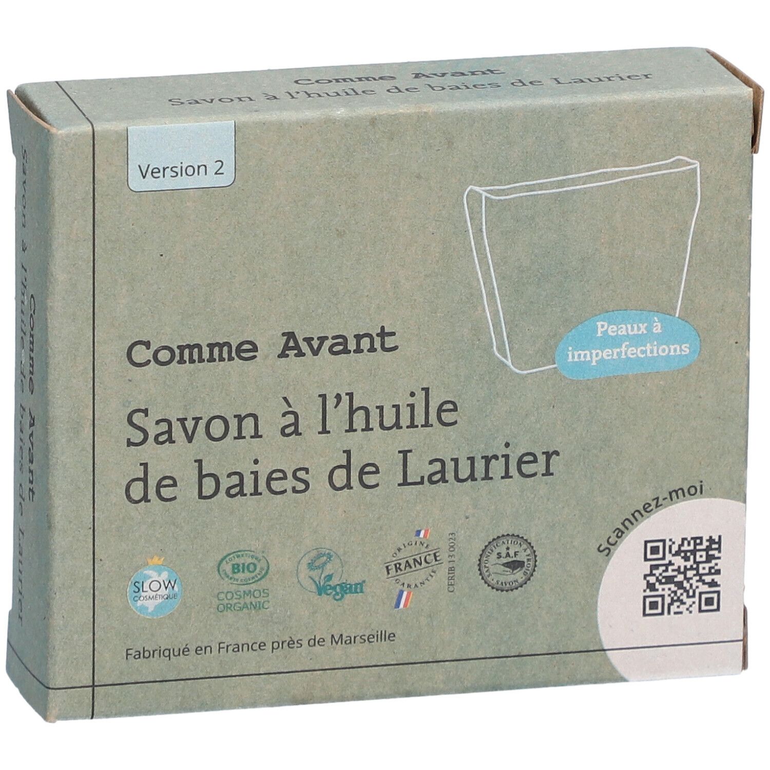 Kartonnen doos met tekst: Savon à l'huile de baies de Laurier. Logo's en vermeldingen. Versie 2.