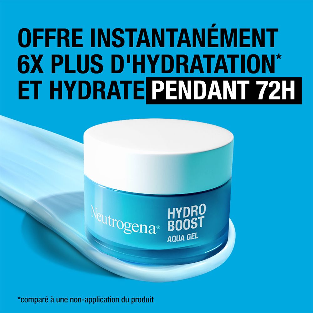 Blauwe Aqua-Gel pot met witte deksel. Tekst: 6x meer hydratatie en hydratatie gedurende 72 uur.