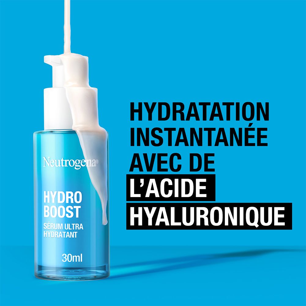 Blauwe serumfles met pomp. Tekst: Directe hydratatie met hyaluronzuur.