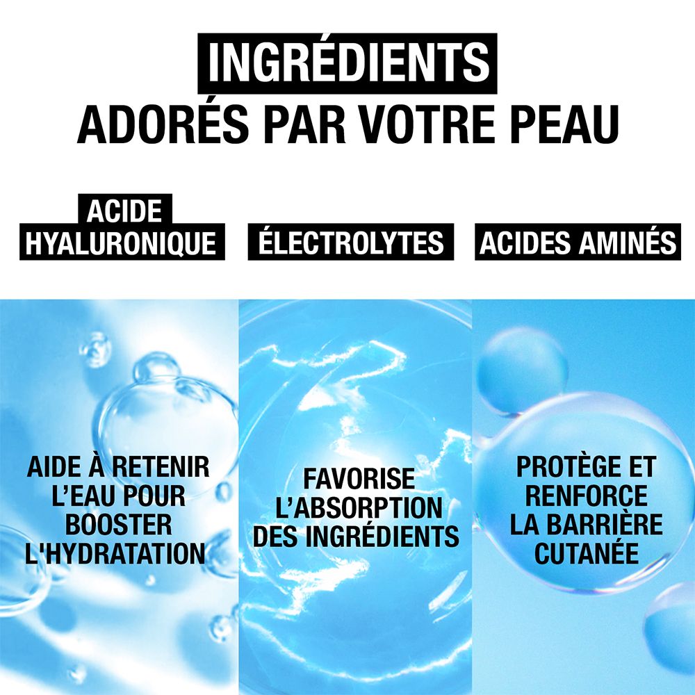 Grafiek met ingrediënten: hyaluronzuur, elektrolyten, aminozuren. Beschrijvingen van voordelen.