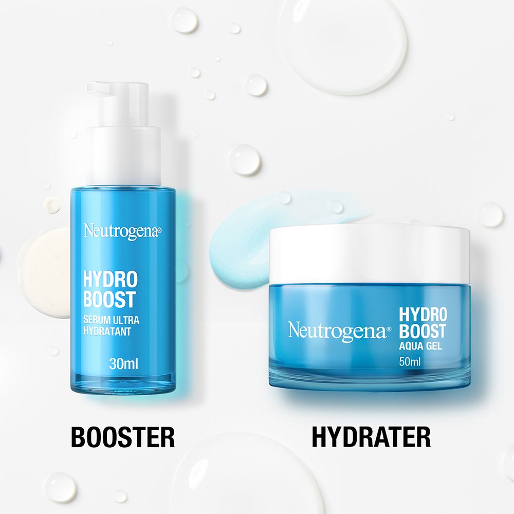 Serumfles en Aqua-Gel pot. Beide blauw met witte deksel. Tekst: Booster en Hydrateren.