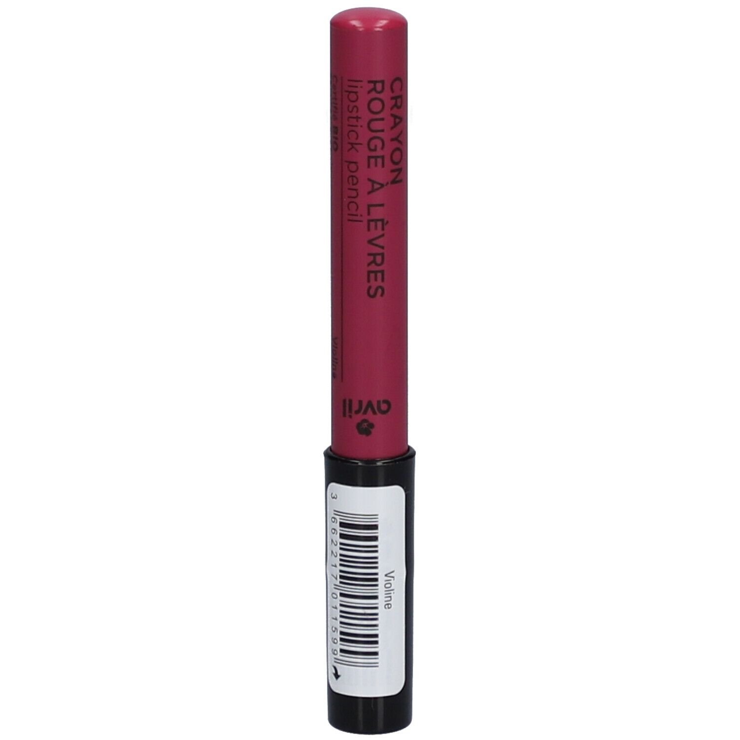 Crayon rouge à lèvres rose avec base noire. Inscription: Crayon Rouge à Lèvres, lipstick pencil, Avril. Teinte: Violine.