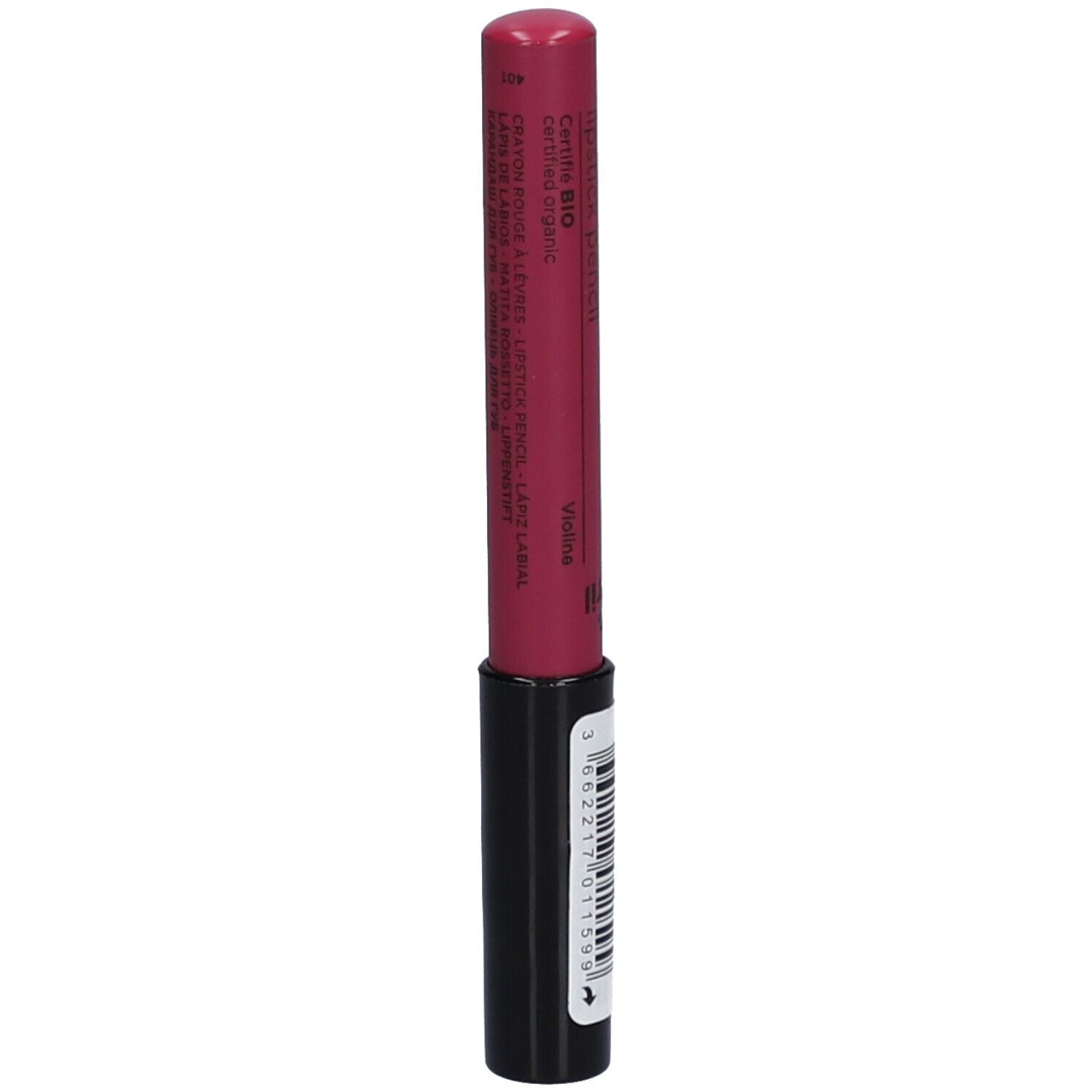Crayon rouge à lèvres rose avec base noire. Inscription: Crayon Rouge à Lèvres, lipstick pencil, Avril. Teinte: Fuchsia. Certifié Bio.