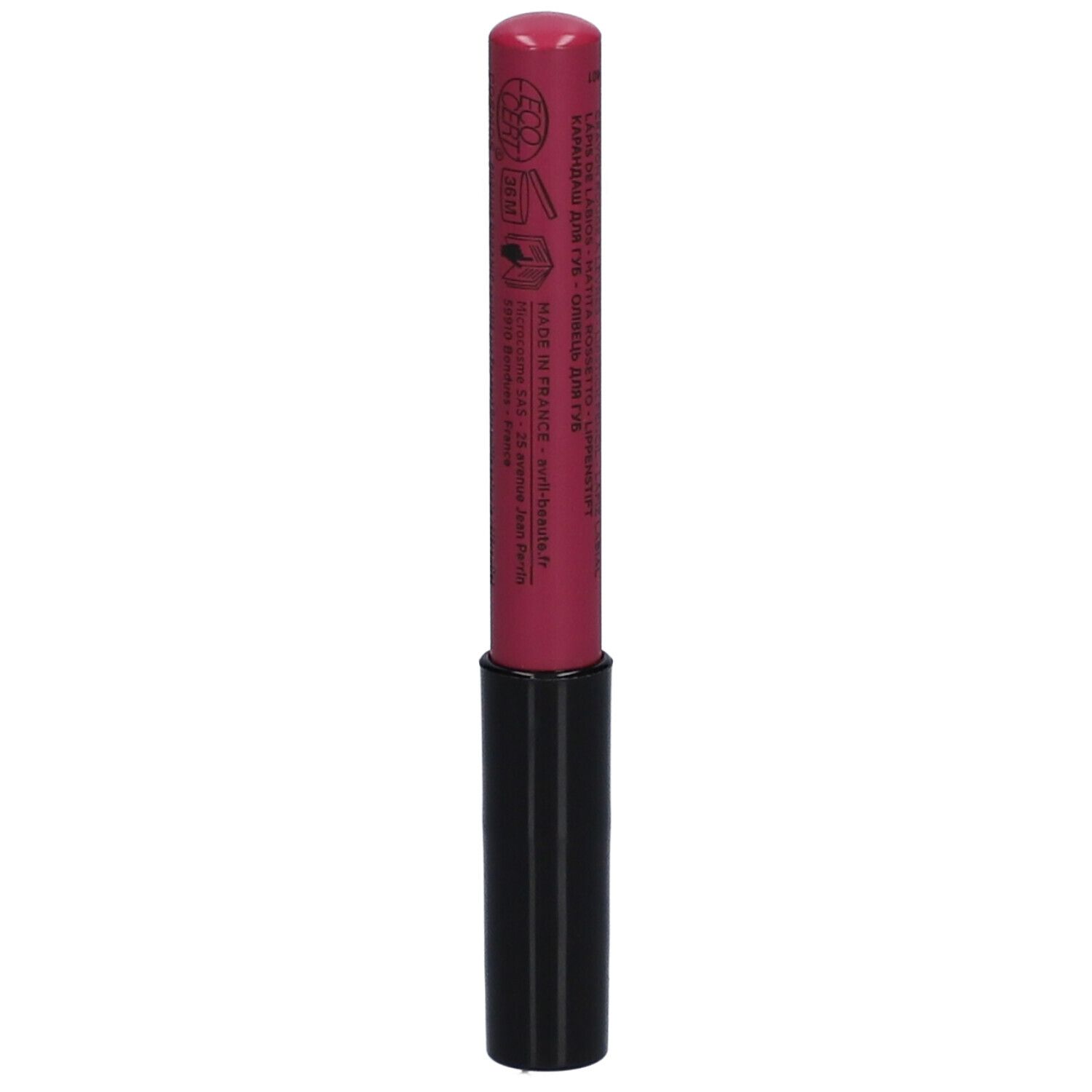 Crayon rouge à lèvres rose avec base noire. Inscription: Crayon Rouge à Lèvres, lipstick pencil, Avril. Avec certifications.