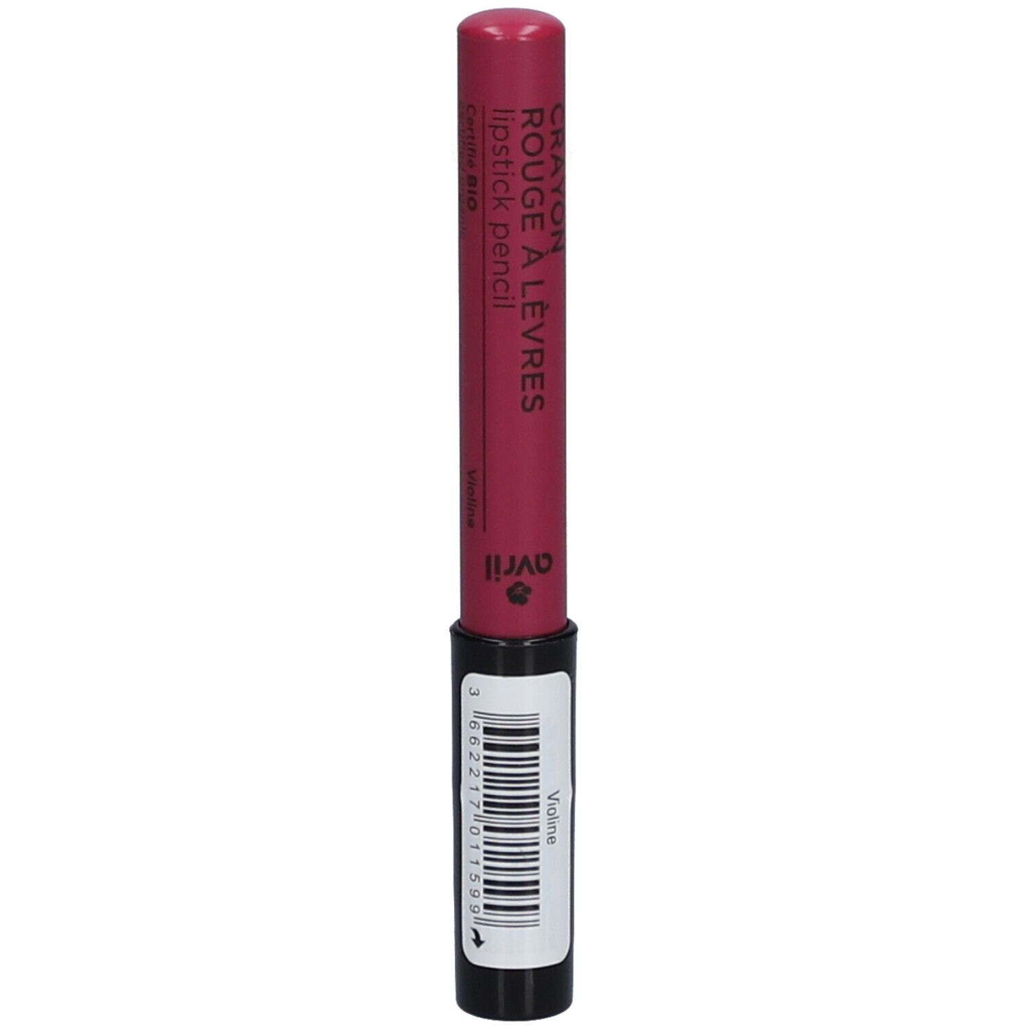 Crayon rouge à lèvres rose avec base noire. Inscription: Crayon Rouge à Lèvres, lipstick pencil, Avril. Teinte: Violine.